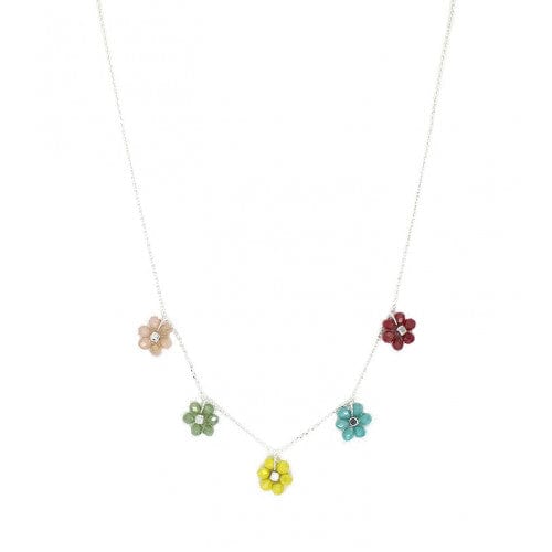 Isles and Stars Necklaces Silver Dark Multi - SDMU Handcraft Colourful Flowers With Glass Beads Necklace In Silver