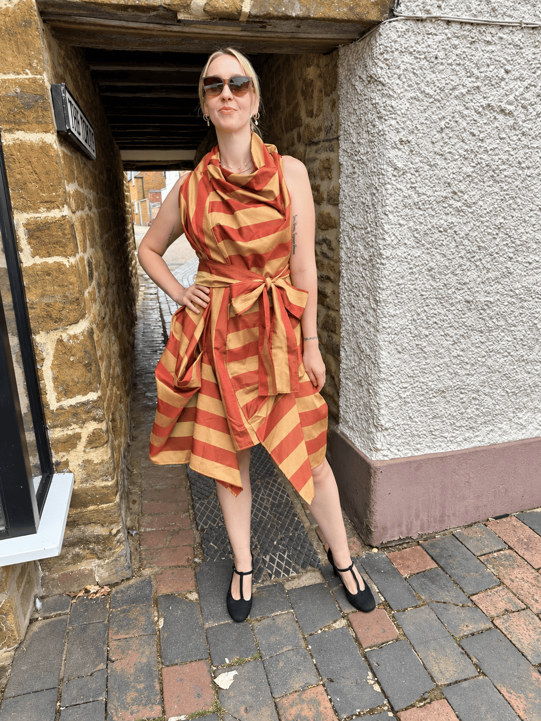 Jolaby Dresses ONE SIZE The Vivienne Draped Stripe Dress in Rust & Gold