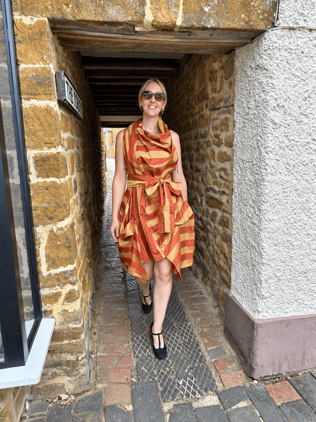 Jolaby Dresses ONE SIZE The Vivienne Draped Stripe Dress in Rust & Gold