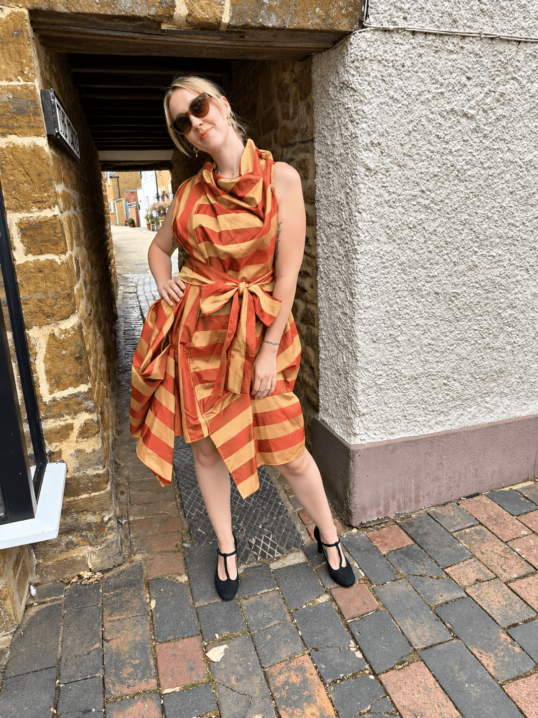 Jolaby Dresses ONE SIZE The Vivienne Draped Stripe Dress in Rust & Gold