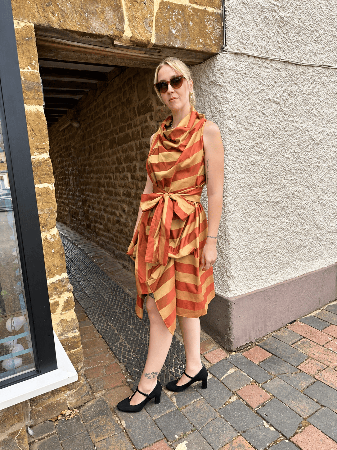 Jolaby Dresses ONE SIZE The Vivienne Draped Stripe Dress in Rust & Gold