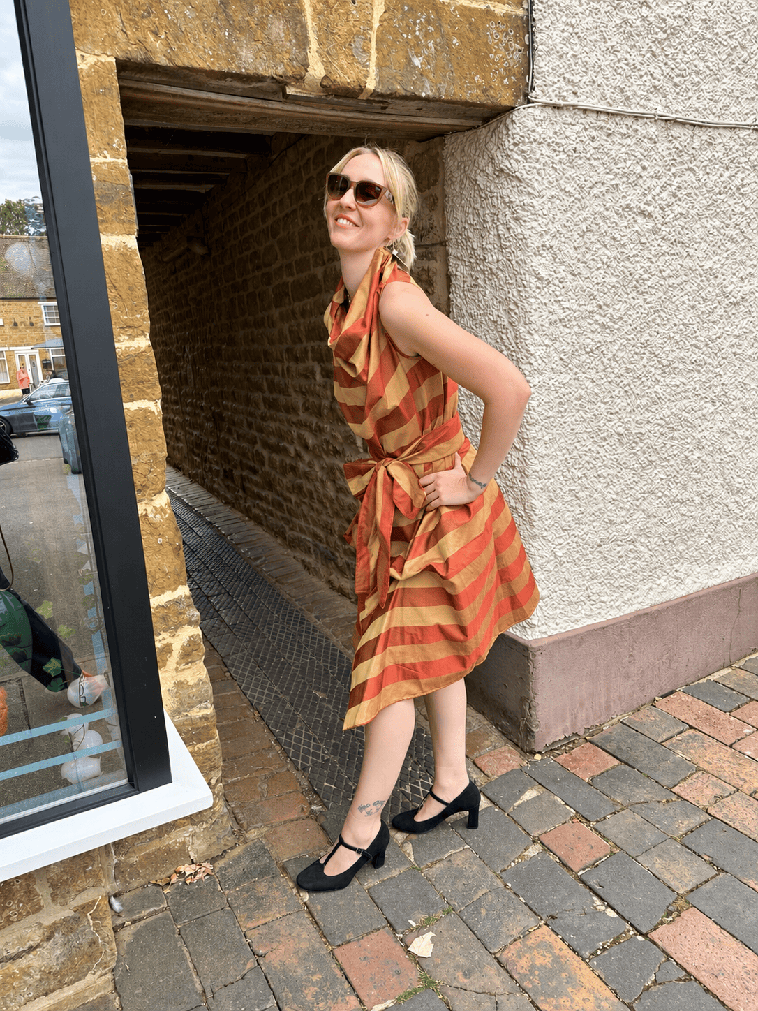 Jolaby Dresses ONE SIZE The Vivienne Draped Stripe Dress in Rust & Gold