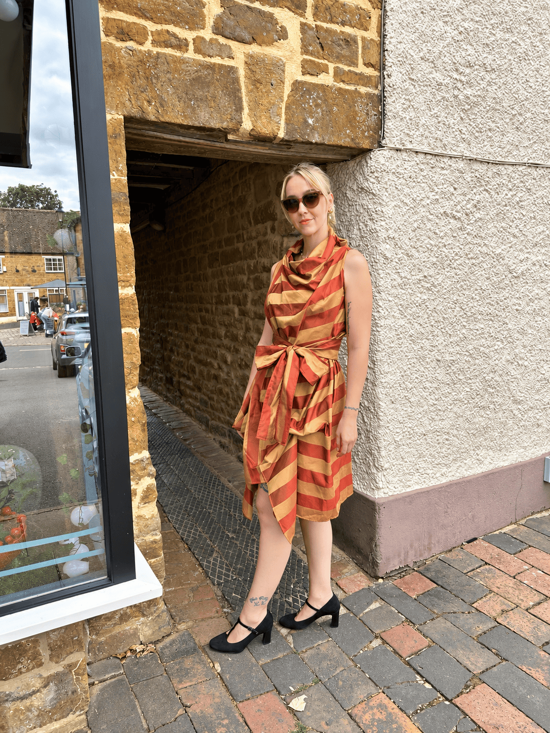 Jolaby Dresses ONE SIZE The Vivienne Draped Stripe Dress in Rust & Gold