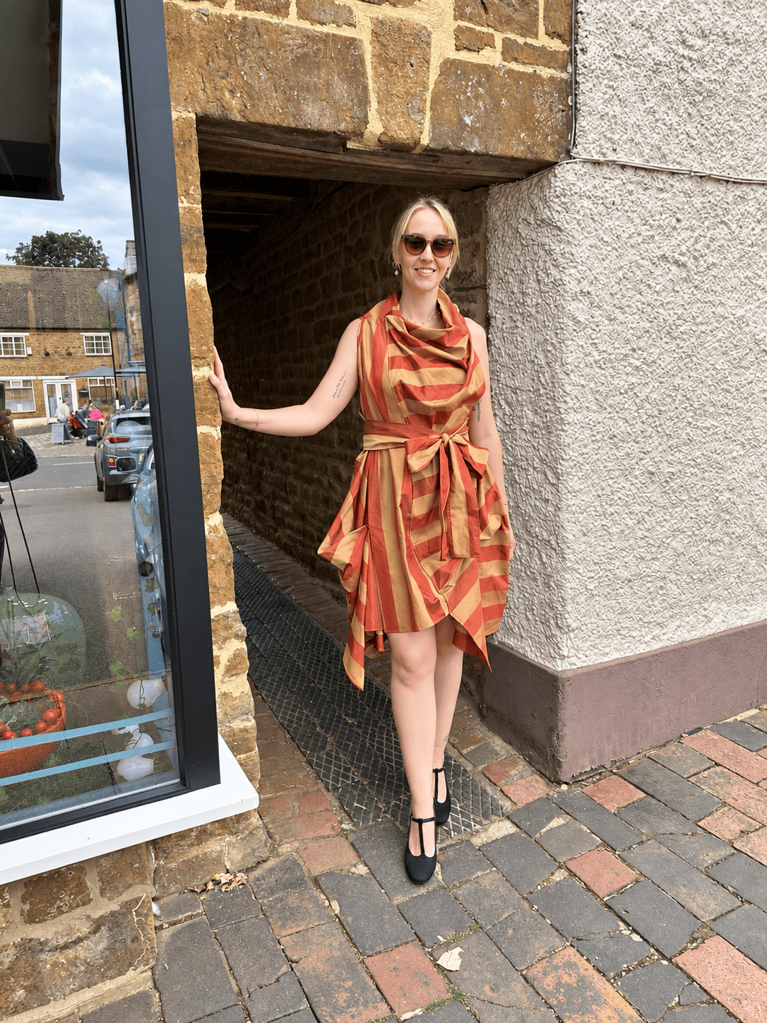 Jolaby Dresses ONE SIZE The Vivienne Draped Stripe Dress in Rust & Gold
