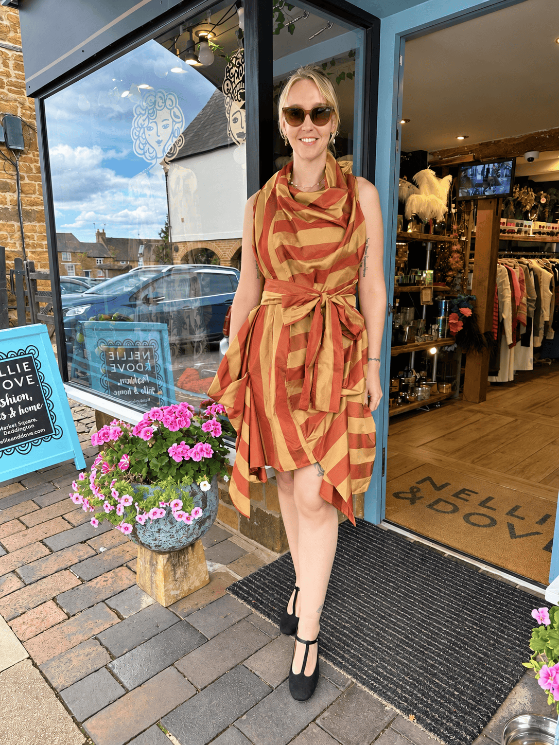 Jolaby Dresses ONE SIZE The Vivienne Draped Stripe Dress in Rust & Gold