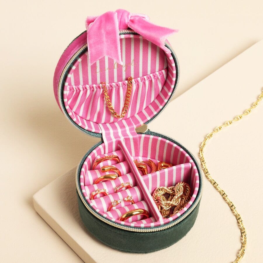 Lisa Angel Gifts Green and Pink Velvet Bow Mini Round Jewellery Case