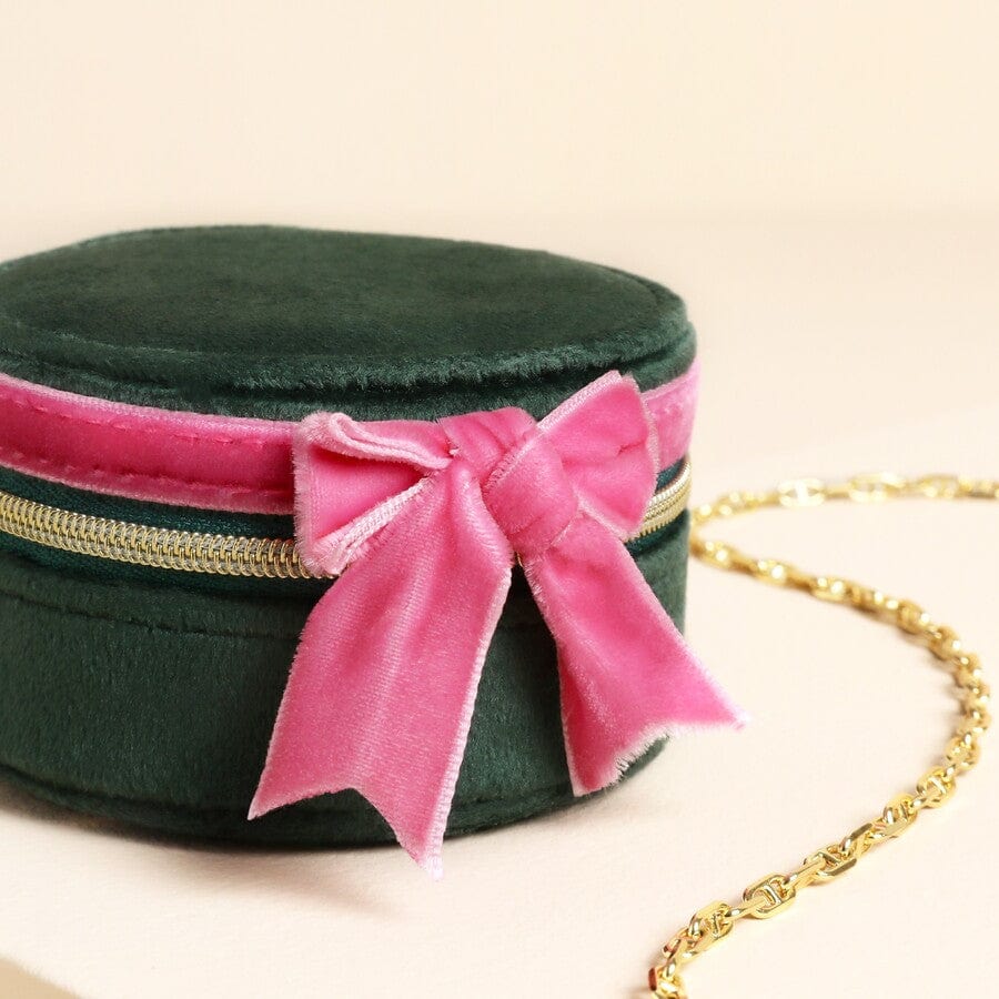 Lisa Angel Gifts Green and Pink Velvet Bow Mini Round Jewellery Case