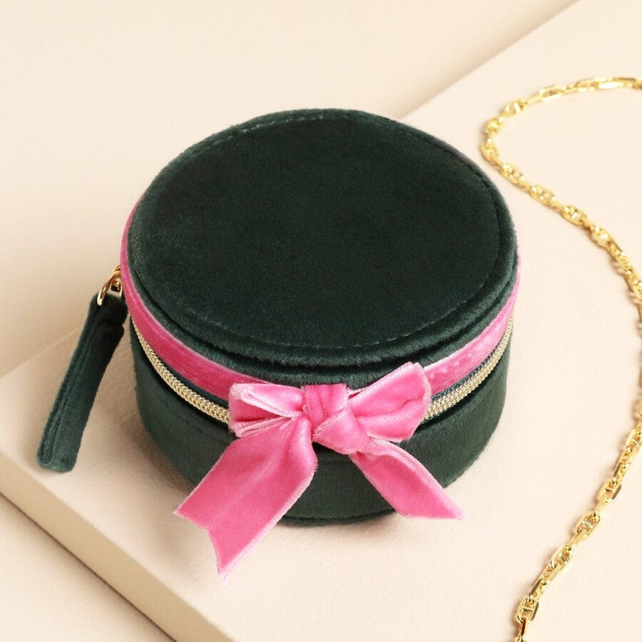 Lisa Angel Gifts Green and Pink Velvet Bow Mini Round Jewellery Case