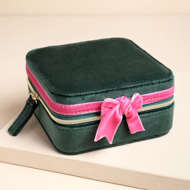 Green and Pink Velvet Bow Square Travel Jewellery Case – NELLIE&DOVE