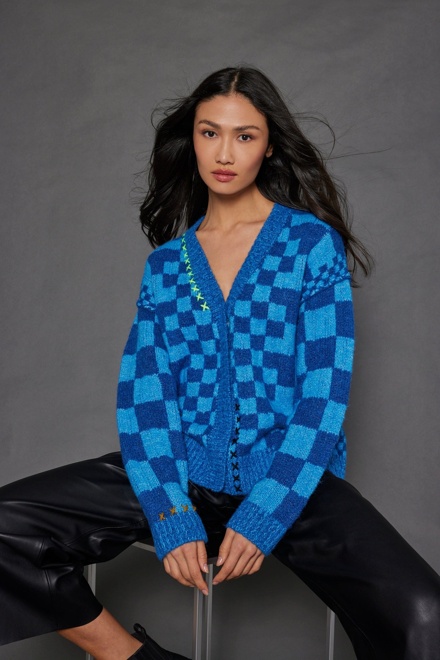 LISA TODD Knitwear Check Me Out Cardy in Blue/Turq