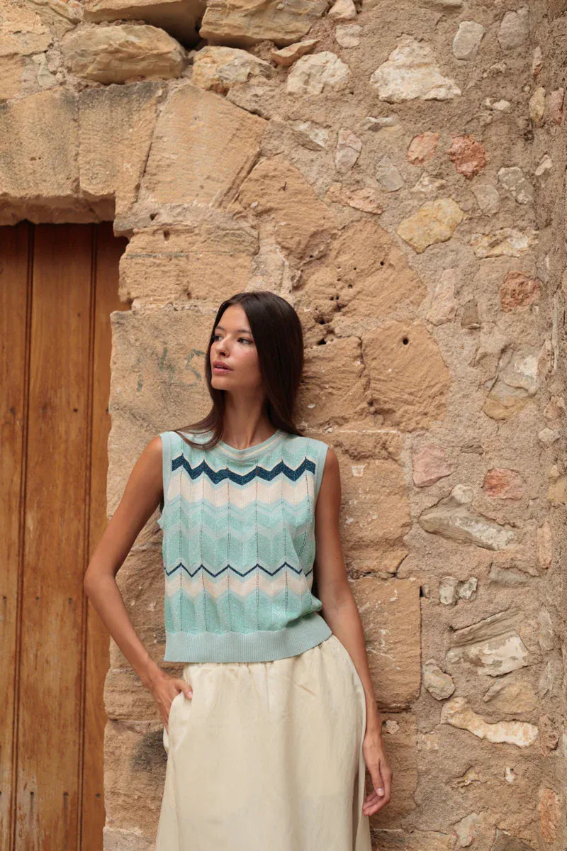 LUNA LLENA Tops Seafoam Wave Knit Top