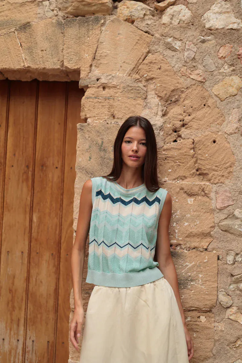LUNA LLENA Tops Seafoam Wave Knit Top