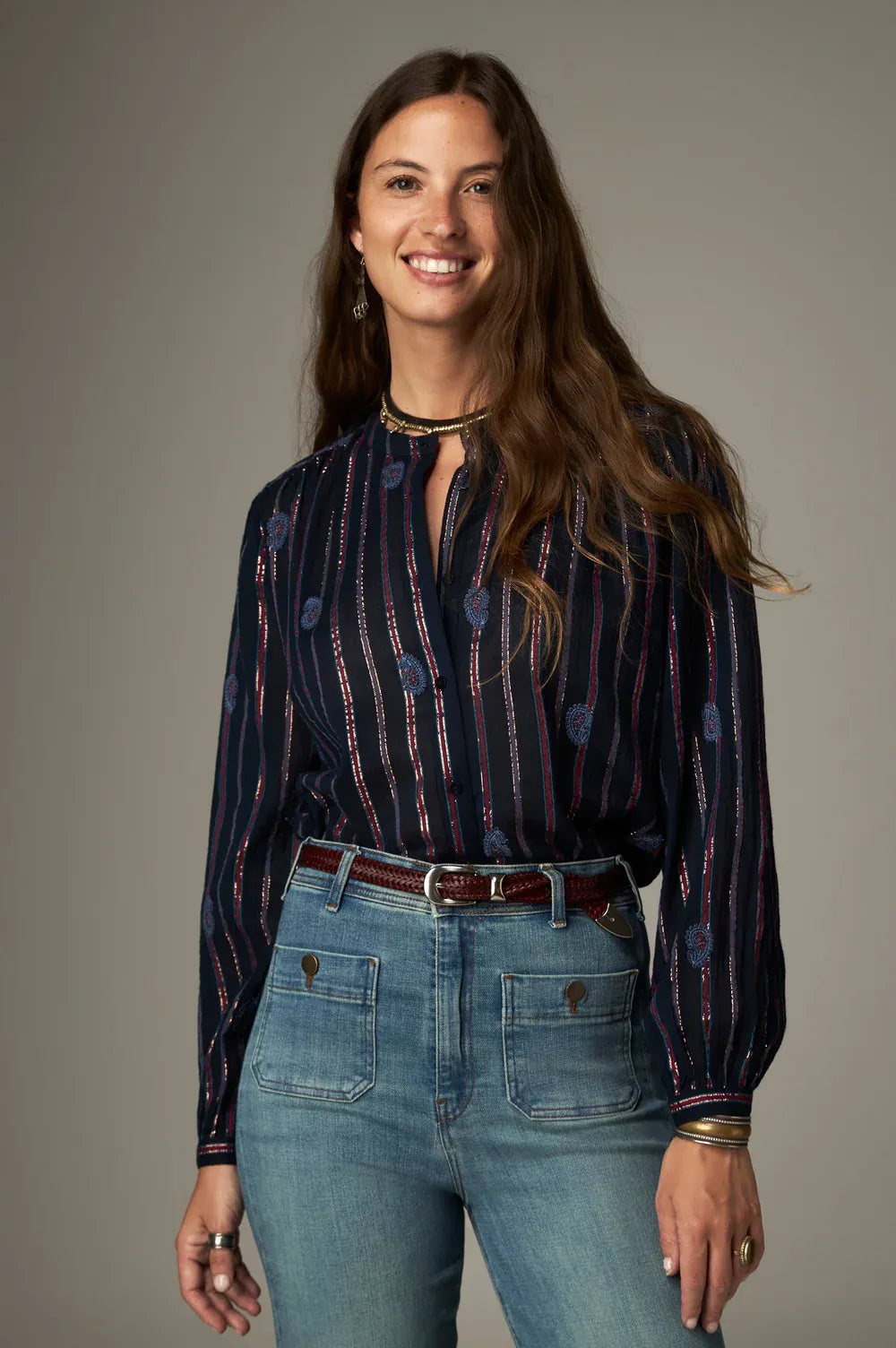 Maison Hotel Tops Mina Embroidered Stripe Top in Berry