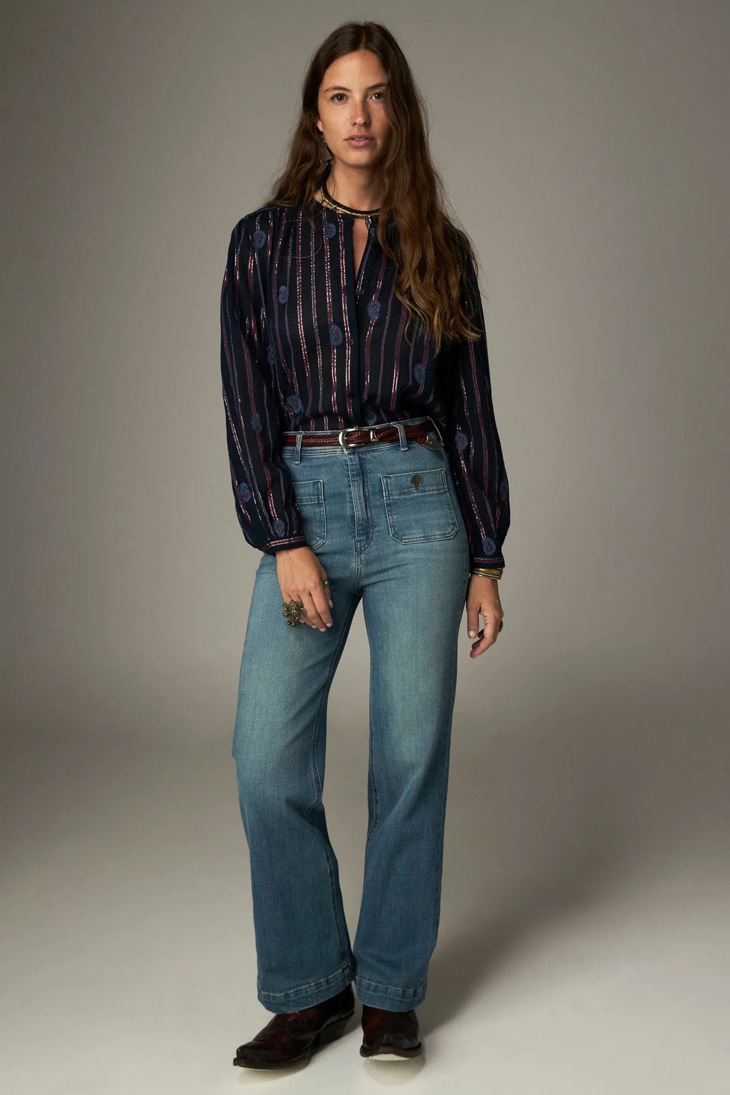 Maison Hotel Tops Mina Embroidered Stripe Top in Berry