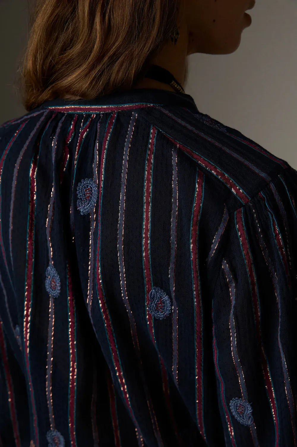 Maison Hotel Tops Mina Embroidered Stripe Top in Berry