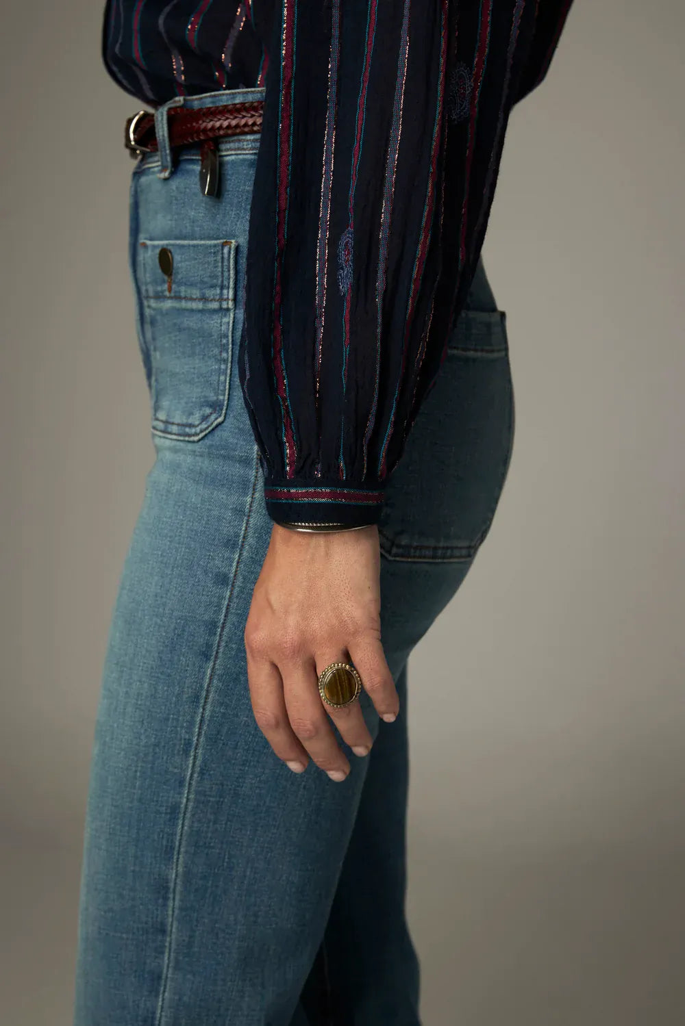 Maison Hotel Tops Mina Embroidered Stripe Top in Berry