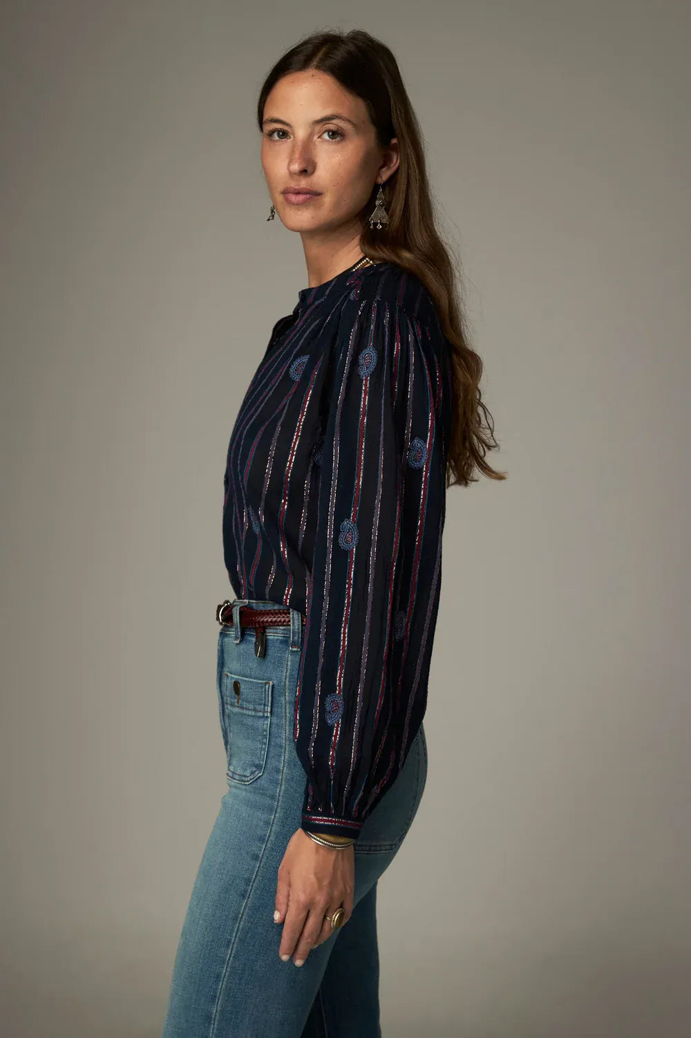 Maison Hotel Tops Mina Embroidered Stripe Top in Berry