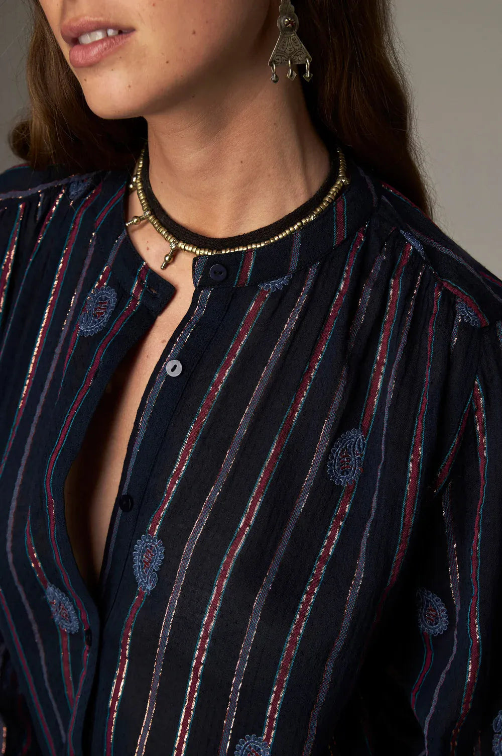 Maison Hotel Tops Mina Embroidered Stripe Top in Berry