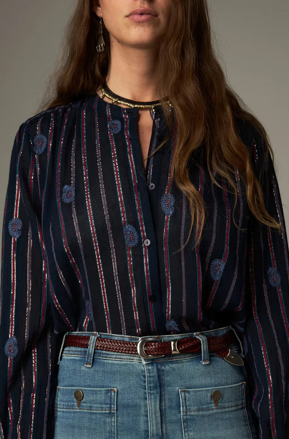 Maison Hotel Tops Mina Embroidered Stripe Top in Berry