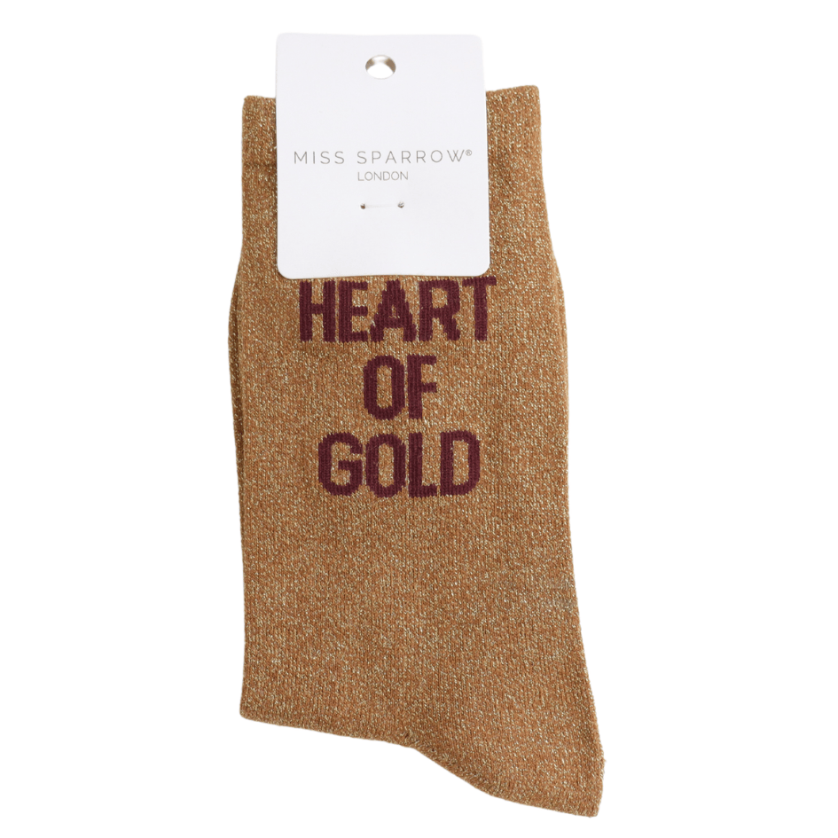 MISS SPARROW Ladies Socks One Size (Fits 3-7) Glitter Statement Socks Heart of Gold