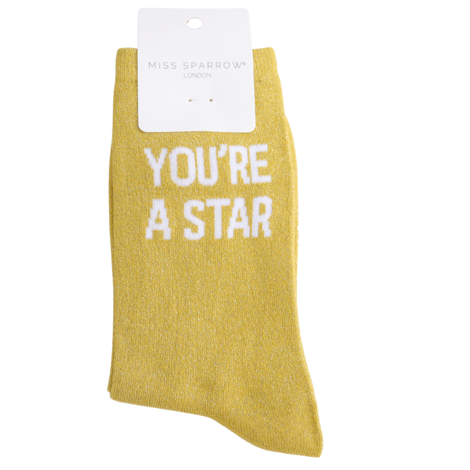 MISS SPARROW Ladies Socks One Size (Fits 3-7) Glitter Statement Socks You’re a Star
