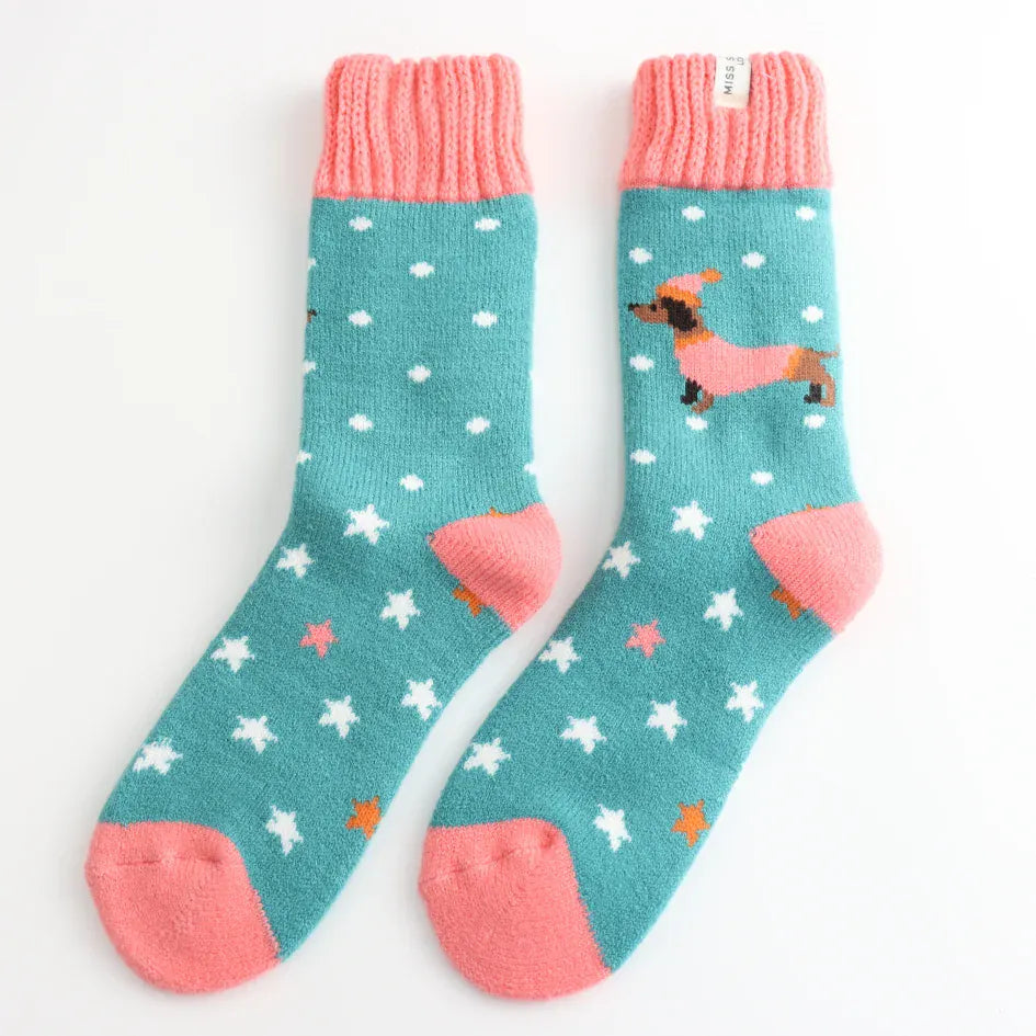 MISS SPARROW Ladies Socks One Size (Fits 3-7) Winter Festive Sausage Dogs Duck Egg