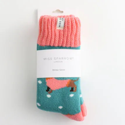 MISS SPARROW Ladies Socks One Size (Fits 3-7) Winter Festive Sausage Dogs Duck Egg