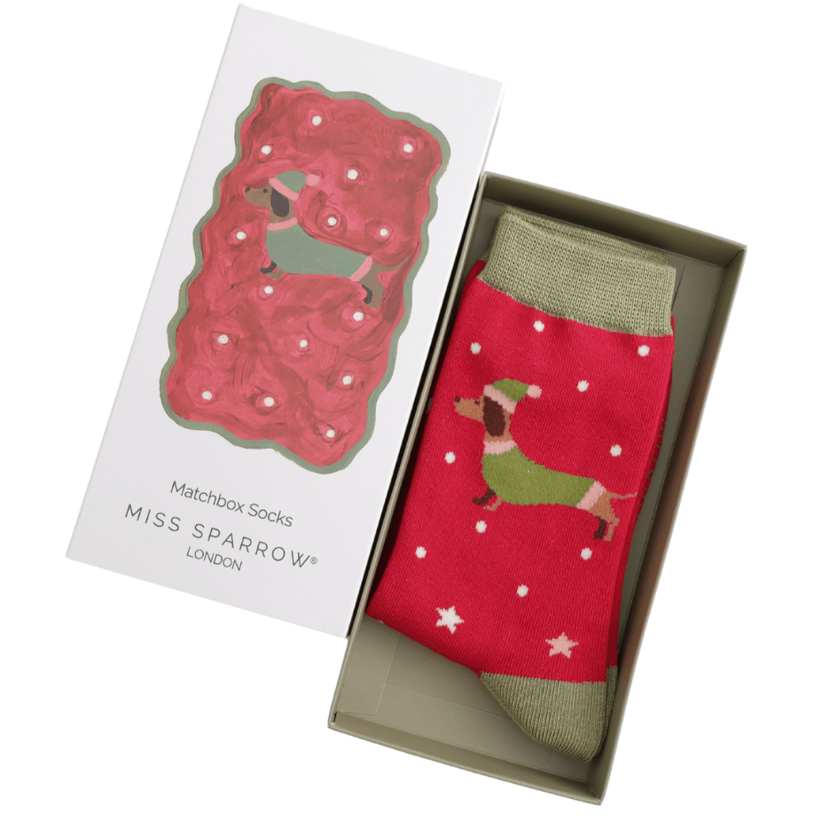 MISS SPARROW Ladies Socks One Size (Fits 3-7) Women’s Matchbox Socks Festive Sausage Dogs