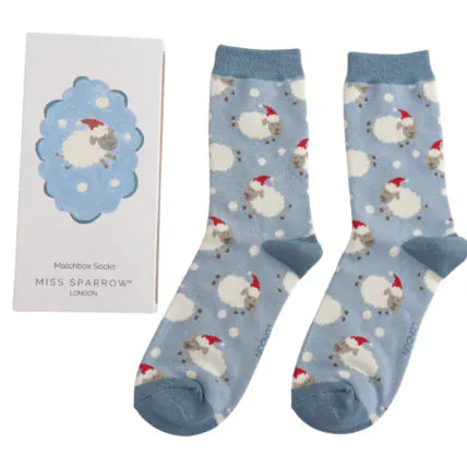 MISS SPARROW Ladies Socks One Size (Fits 3-7) Women’s Matchbox Socks Santa Sheep