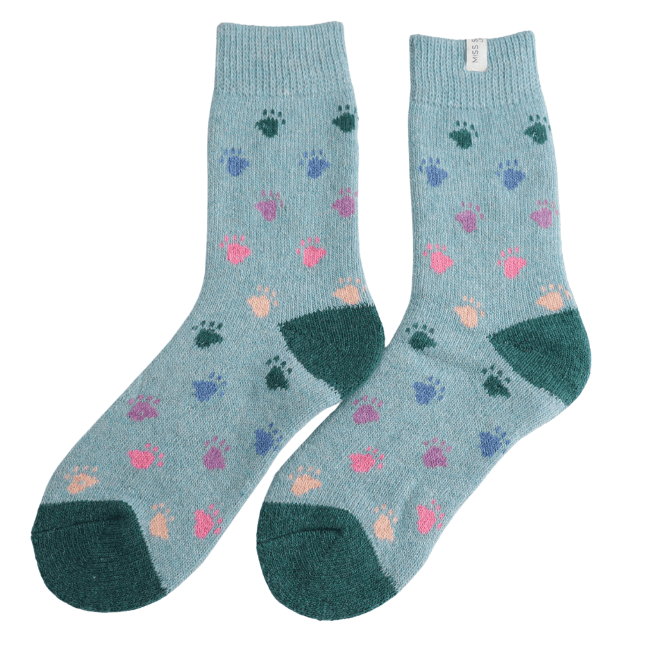 MISS SPARROW Ladies Socks One Size (Fits 3-7) Wool Multi Paw Prints Duck Egg