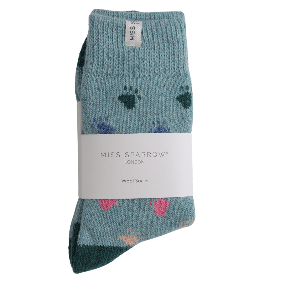 MISS SPARROW Ladies Socks One Size (Fits 3-7) Wool Multi Paw Prints Duck Egg