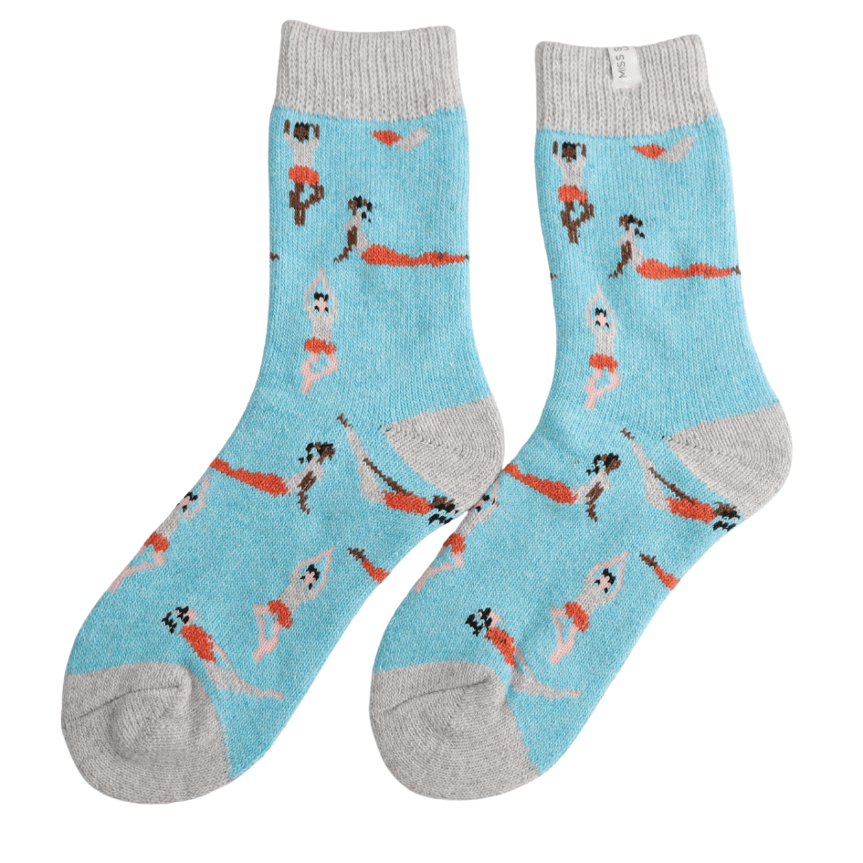 MISS SPARROW Ladies Socks One Size (Fits 3-7) Wool Yoga Poses Duck Egg