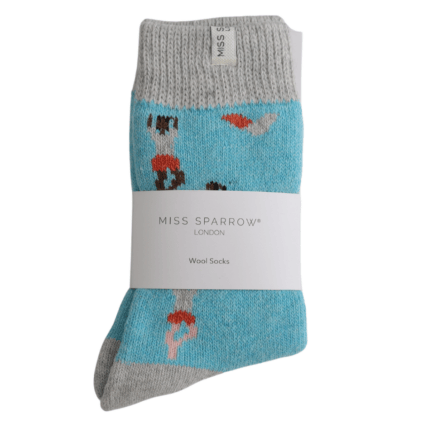 MISS SPARROW Ladies Socks One Size (Fits 3-7) Wool Yoga Poses Duck Egg