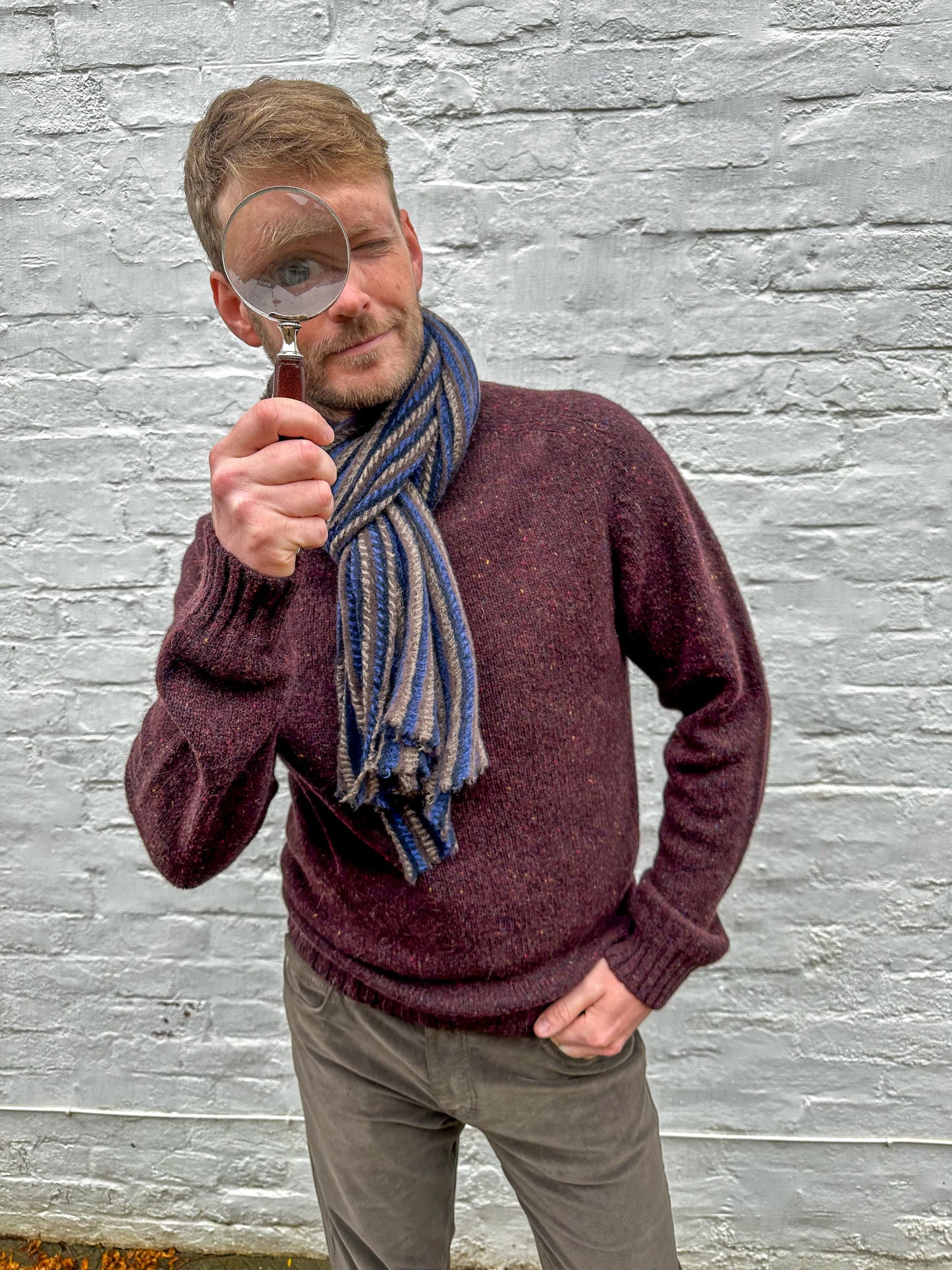 &MR Mens Knitwear Tweed Jumper in Rich Port