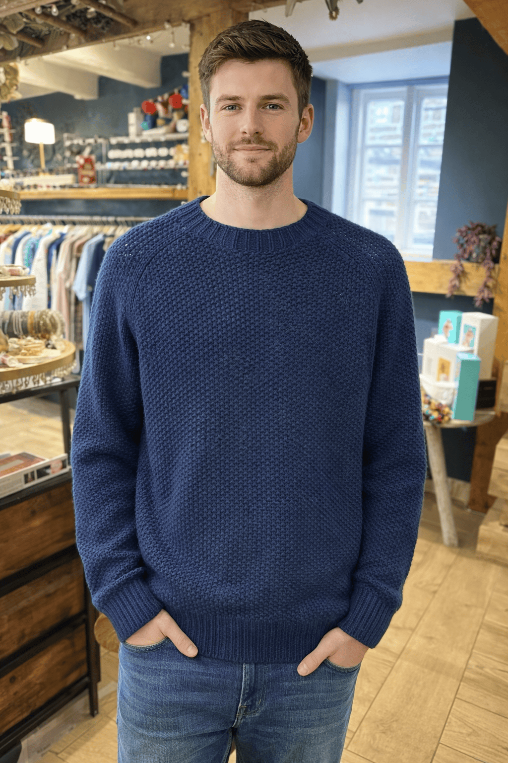&MR SALE Mens Knitwear Moss Stitch Jumper in Atlantic Blue