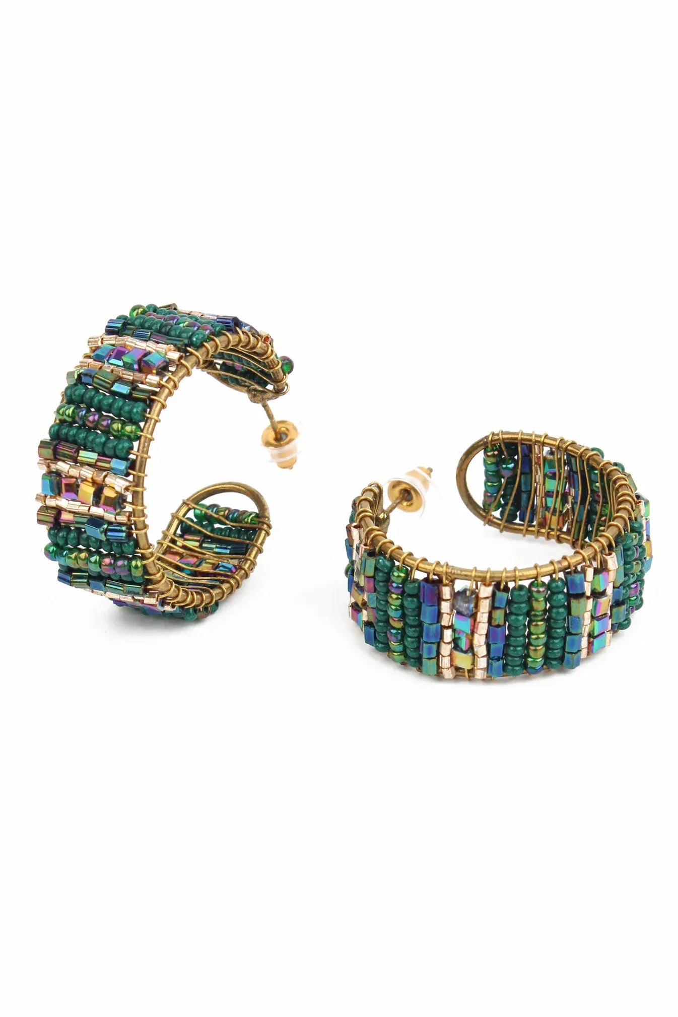 My Doris Earrings GREEN HOOP WRAPPED BEADED EARRINGS