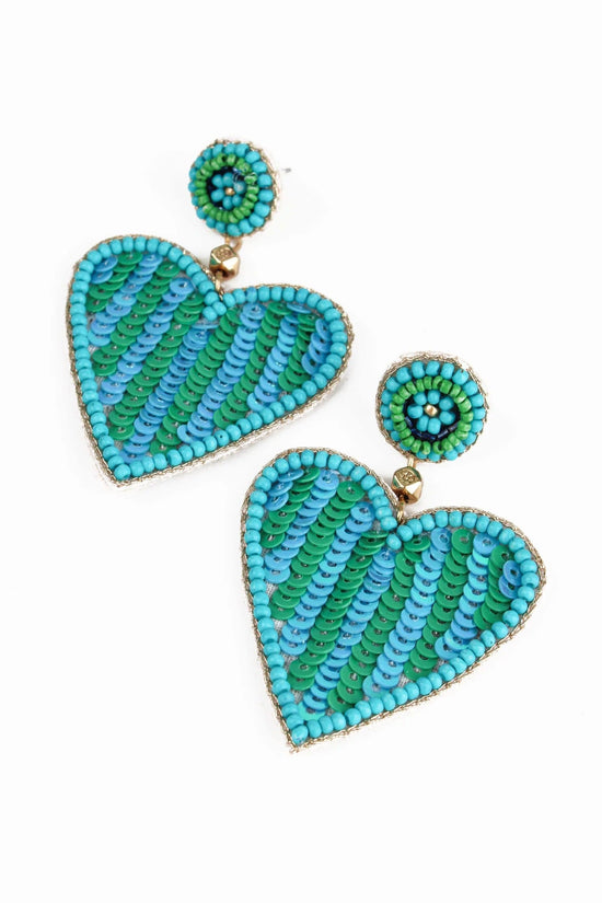 My Doris Earrings Green & Turquoise Stripe Beaded Heart Earrings