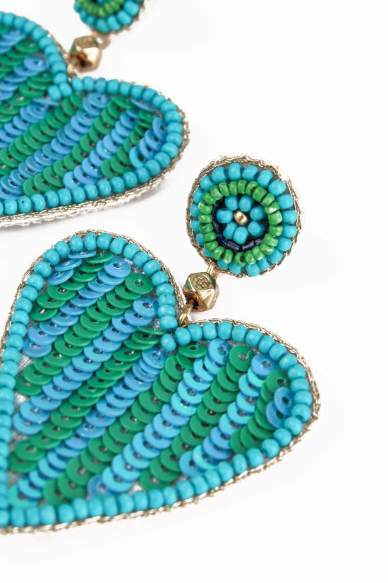 My Doris Earrings Green & Turquoise Stripe Beaded Heart Earrings