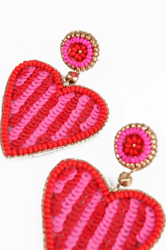 My Doris Earrings Pink & Red Stripe Beaded Heart Earrings