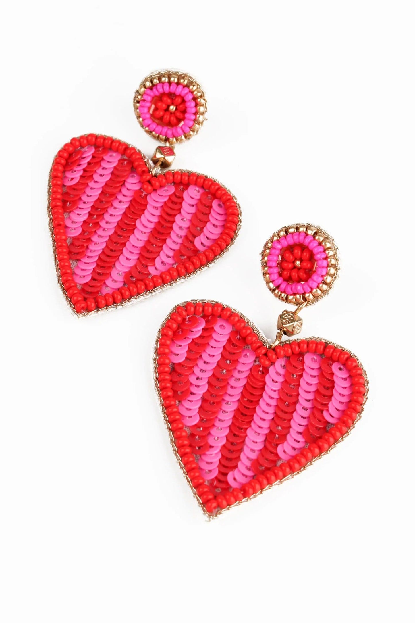 My Doris Earrings Pink & Red Stripe Beaded Heart Earrings