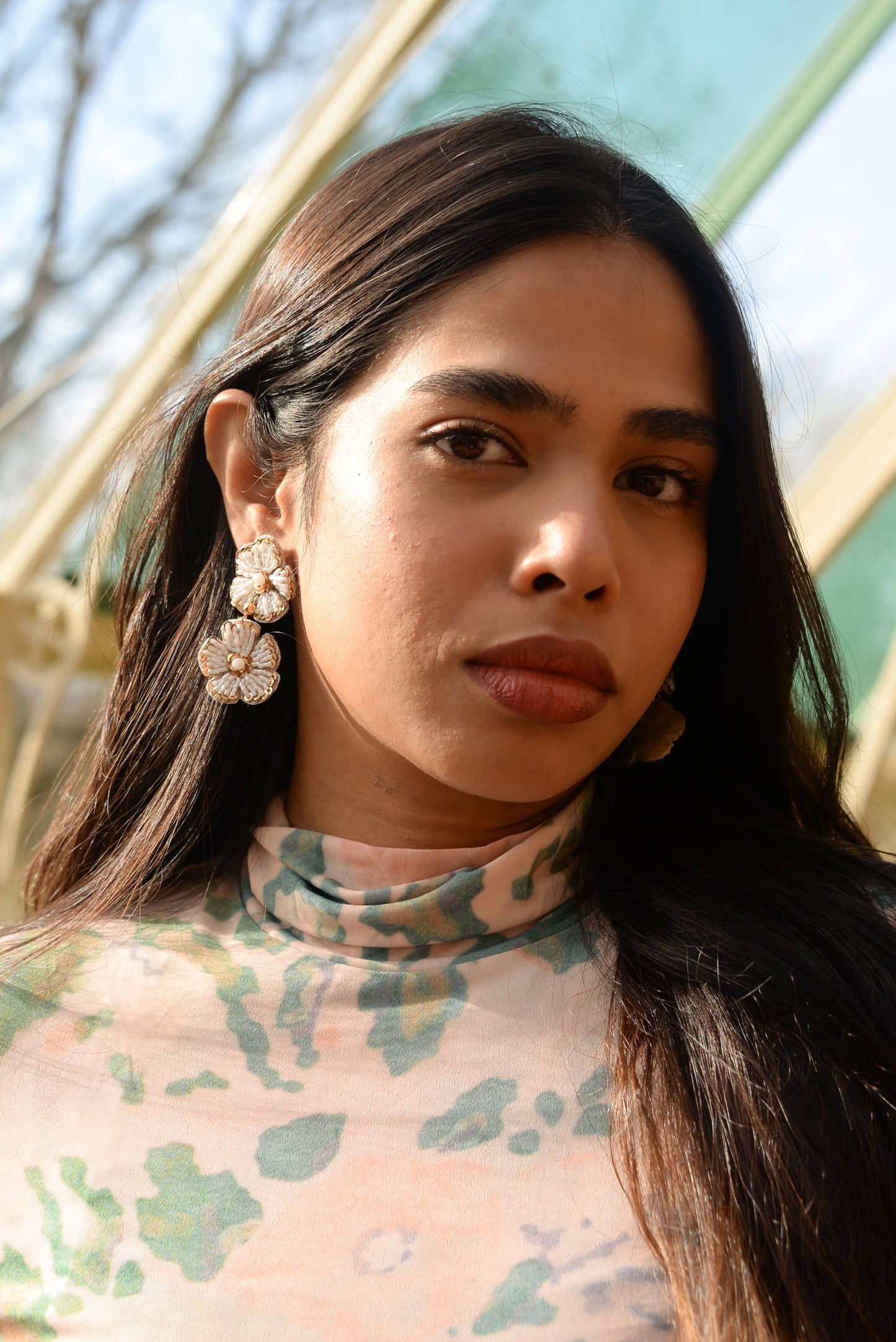 My Doris PEARL AND GOLD FLORAL DOUBLE DROP EARRINGS