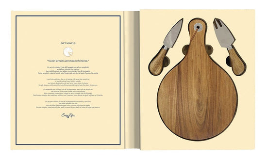 My Gifts Trade Gifts 3-piece Cheese Set - 2 Knives + Round Acacia Cutting Board In Gift Novel Gift Box