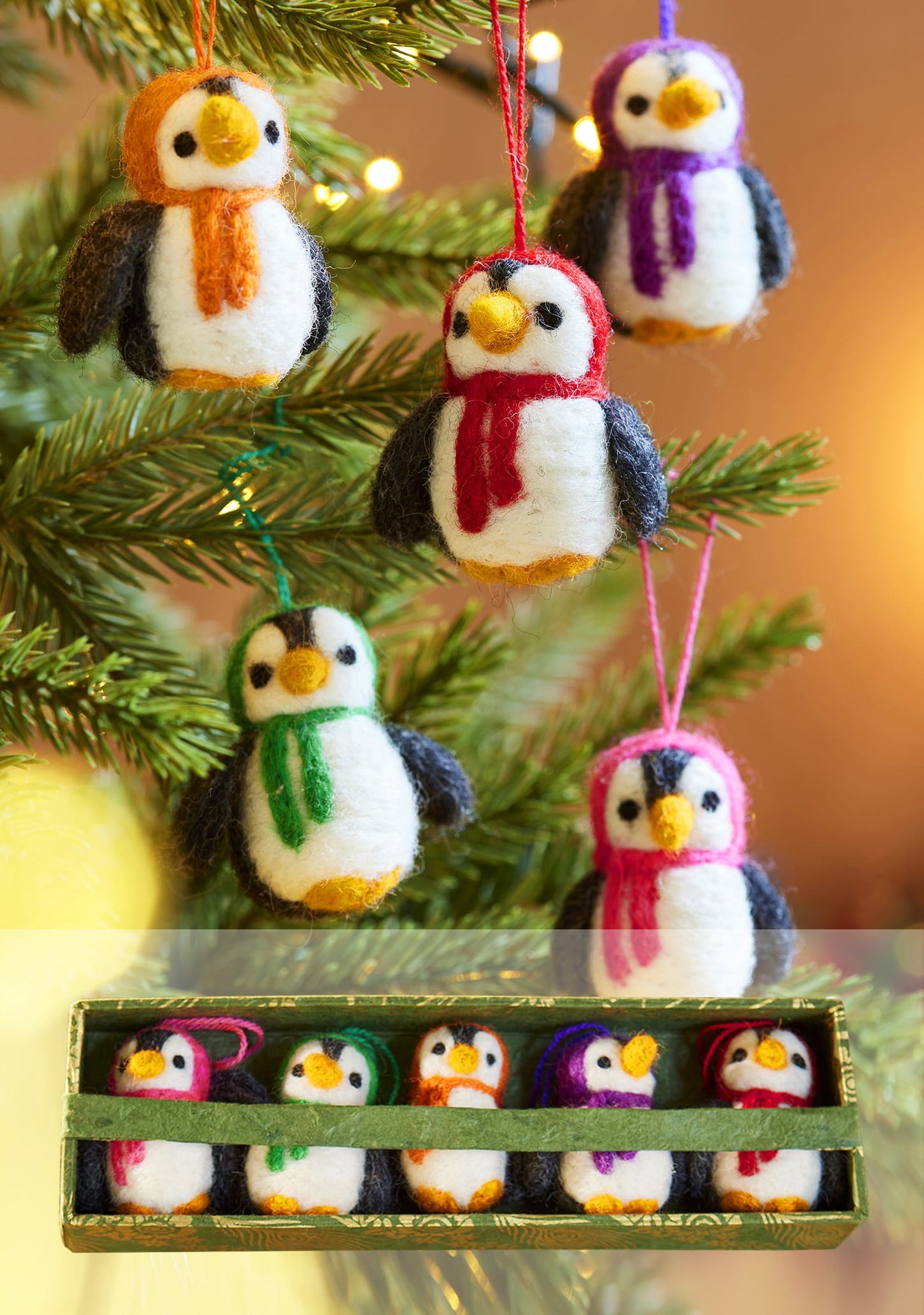 Namaste Christmas Set of 5 Hanging Felt Penguin Decorations