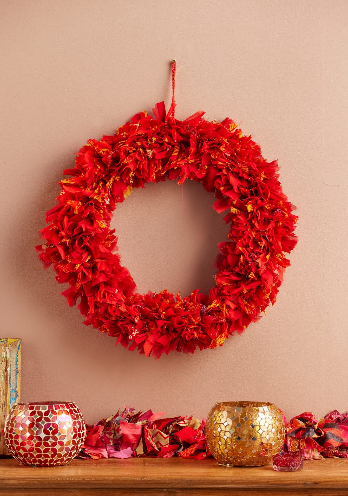 Namaste Wreaths Recycled Sari Large Red Wreath