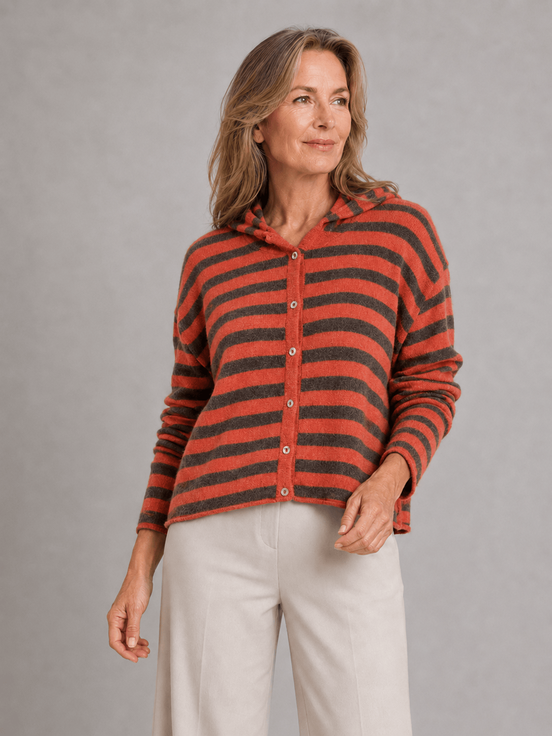 NELLIE & DOVE Knitwear ONE SIZE Elsi Hooded Cardigan in Flame & Chestnut