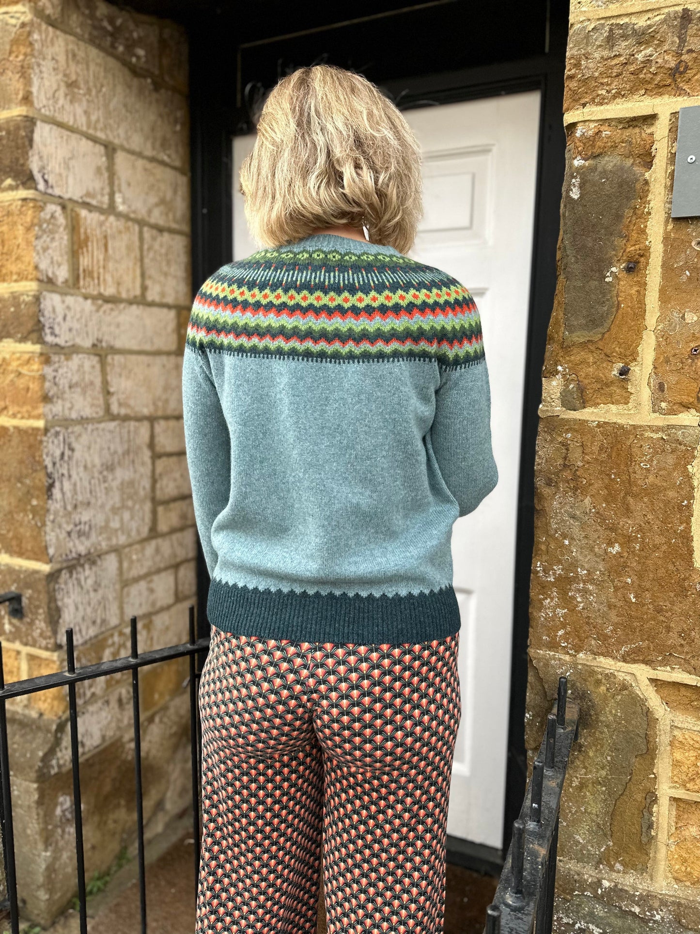 NELLIE & DOVE Knitwear Superfine Lambswool Blizzard Fairisle Yolk Jumper Lugano / Oribe Green