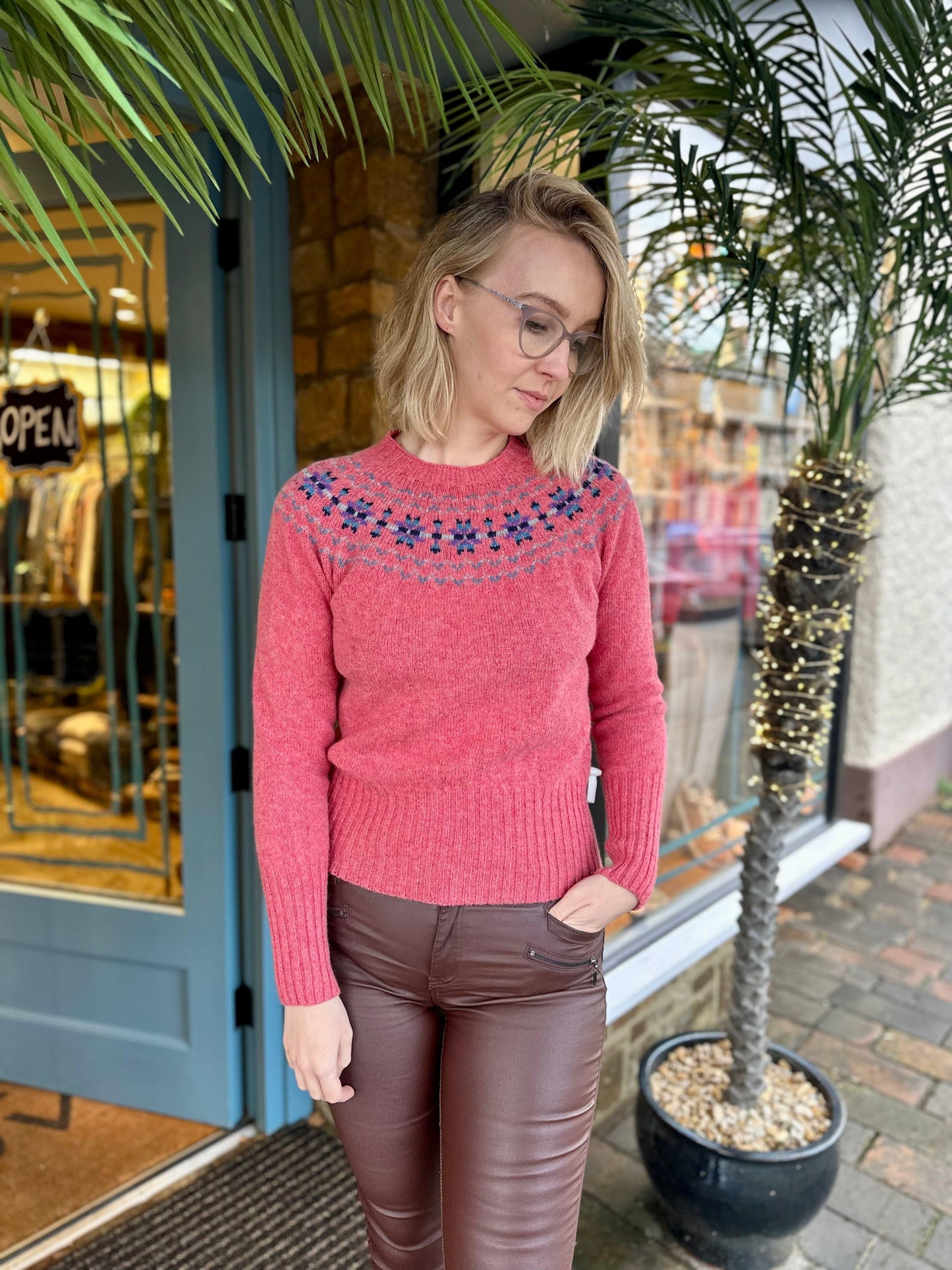 NELLIE & DOVE Knitwear Supersoft Crew Neck Jumper with Fairisle Yolk Rosebud