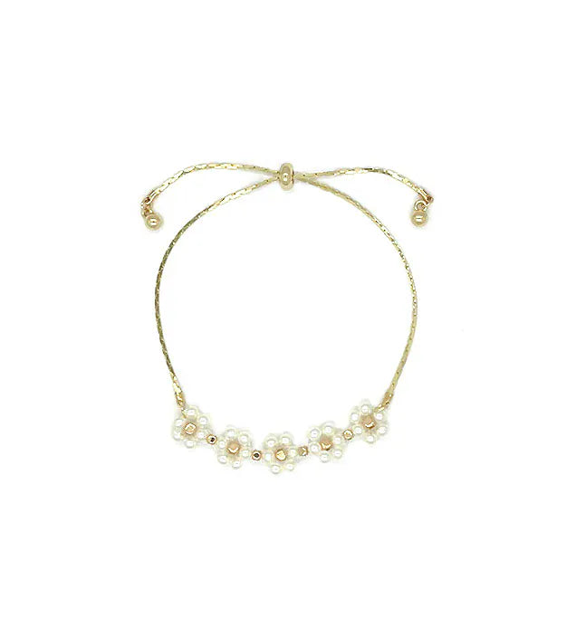 Nellie's Nuggets Accessories White Pearl Beaded Flower Slider Bracelet in Gold