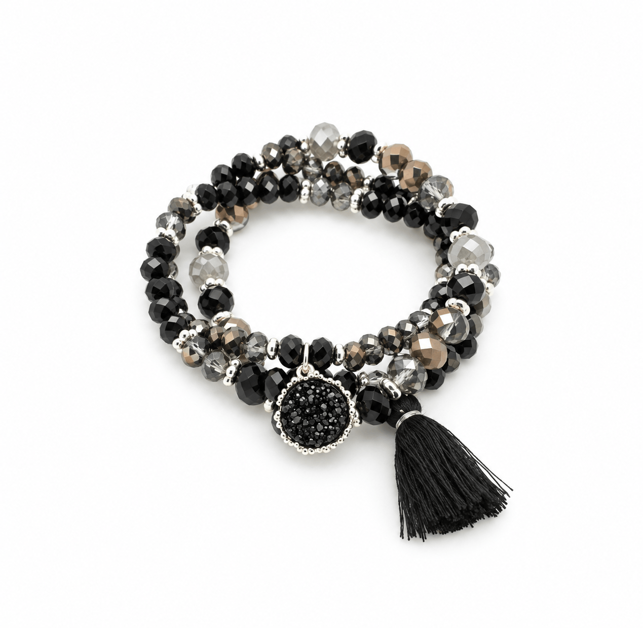 Nellie's Nuggets Bracelets Triple Bracelet = Beads-Tassel-Charm in Black