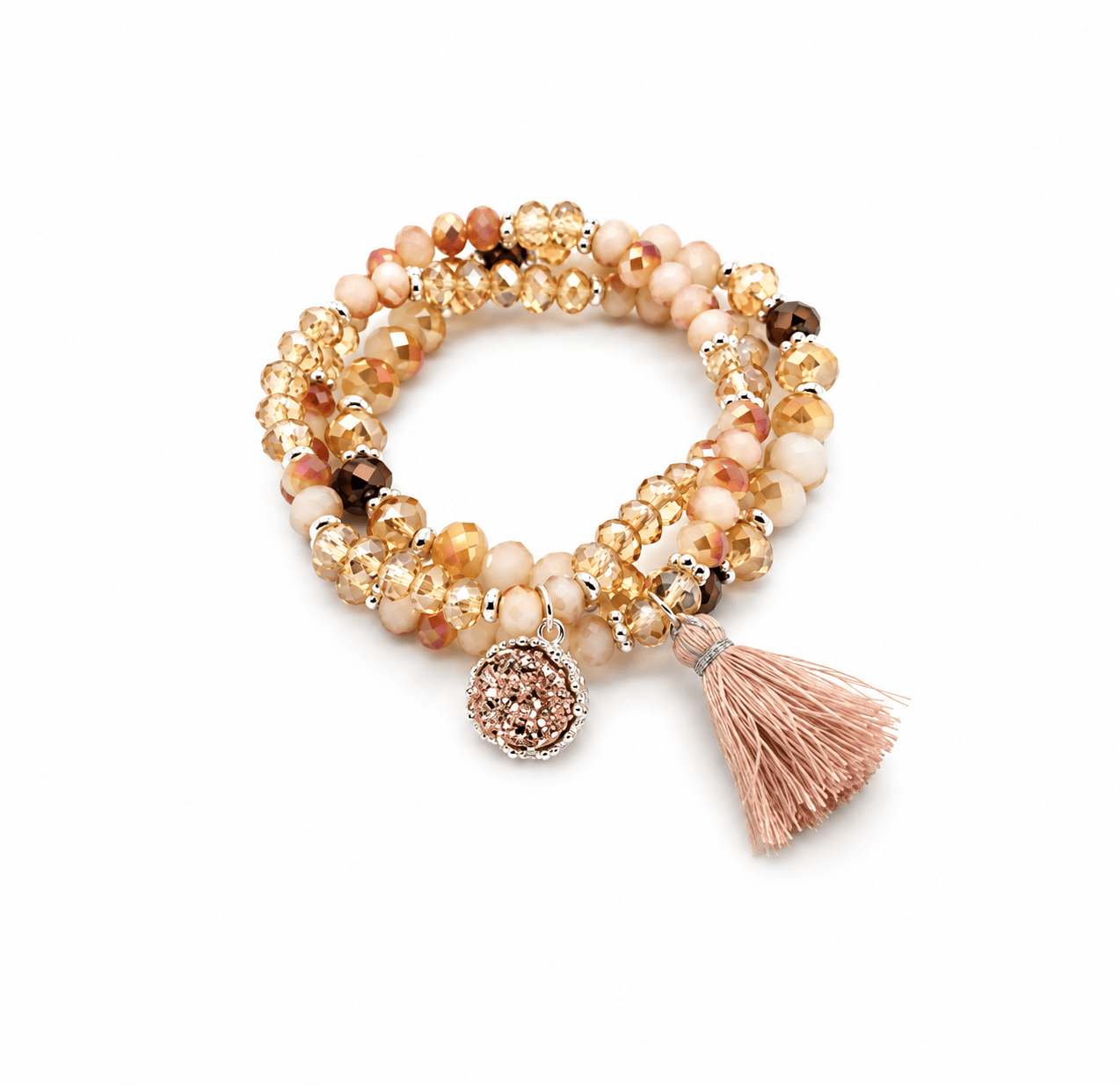 Nellie's Nuggets Bracelets Triple Bracelet = Beads-Tassel-Charm in Rose Gold